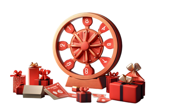 Spinning wheel with gifts, discount coupons, marketing discount promotion concept, 3d rendering.