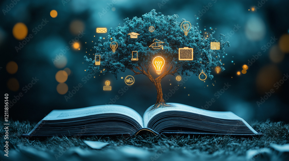 Poster tree of knowledge on the book around different icons . generative ai