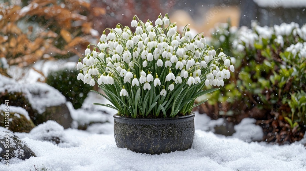 Poster Spring's elegant snowdrop flowers emerge through a delicate layer of fresh snow, creating a serene contrast in a peaceful garden. Nature's beauty shines in frosty surroundings
