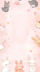 Fototapeta premium Cute Cartoon Animals with Bunnies and Cats on Soft Pink Background