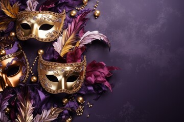 Elegant venetian masks, feathers, and beads arranged on a rich purple backdrop, evoking the spirit of mardi gras