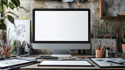 Fototapeta premium A blank desktop monitor in a creative studio, surrounded by digital tablets, sketches, and art tools