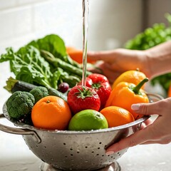 a chef washing fruits and vegetables in a colander under running water,  Chef, fruits, vegetables, colander, running water, washing, food hygiene, food hygiene, produce washing, food safety practices,
