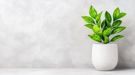 Fototapeta premium Green plant in white pot against textured wall; home decor, minimalist design