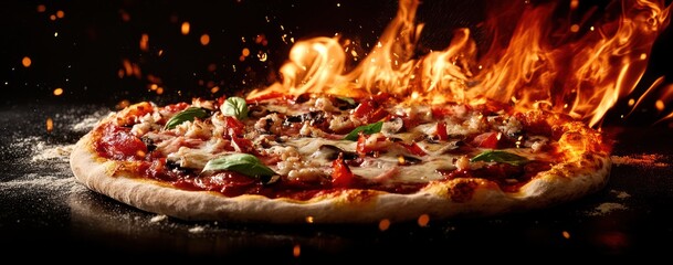 a pizza with lots of cheese and various ingredients, on fire against a black background.