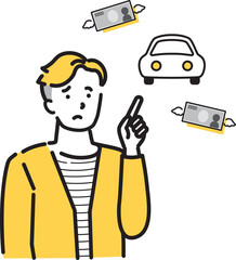 車の支払いに悩む若い男性の指差しイラスト