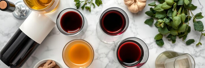 Two varieties of port on white marble background, rich colors, textures, ample copy space, versatility, red wine, white wine