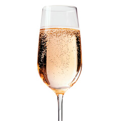 A glass of sparkling ros? champagne, bubbles rising to the surface. Festive and celebratory drink.
