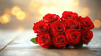 Romantic bouquet of red roses on table, A stunning bouquet of red roses placed on a rustic wooden table with a soft bokeh light background, symbolizing love and romance.  
  
