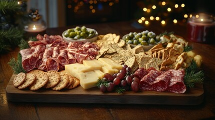 Festive Christmas charcuterie board with salami, cheese, crackers, grapes, and olives.