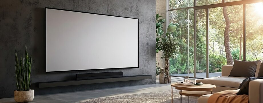 A large smart TV with a blank screen mounted on a modern wall in a minimalist living room