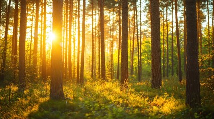 Fototapeta premium A blurred forest background featuring tall trees and dappled sunlight, ideal for use in presentations or designs