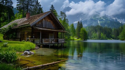 Fototapeta premium A rustic cabin by a tranquil lake, symbolizing solitude and peace in life.