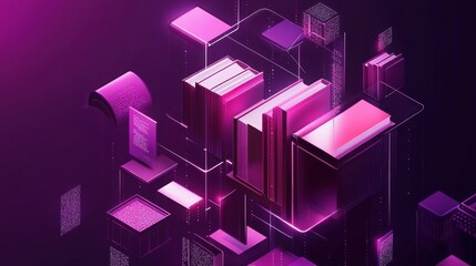 Obraz premium Abstract digital data architecture, network, isometric, technology, glowing, purple, pink, books, information, storage.
