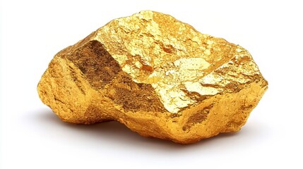 Closeup of a gold nugget on a white background, representing precious ore from a goldmine, symbolizing wealth, treasure, metal, and value in finance and business.