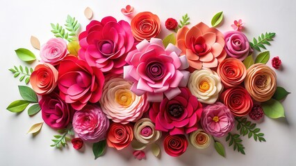Obraz premium A vibrant, colorful floral arrangement with paper roses in various shades of pink and red on a plain white background , home decor, spring decor