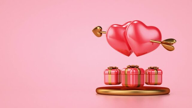 Valentines Day looping video for commercial promo or greetings with two hearts pierced by an arrow and gifts on a pink background and copy space in 3D animation. Love celebration concept