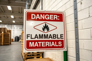 Obraz premium A warning sign indicating the presence of flammable materials in a warehouse, emphasizing safety precautions in industrial settings.