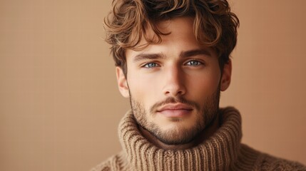 Fototapeta premium portrait of a young man in mocha mousse warm sweater on the beige background