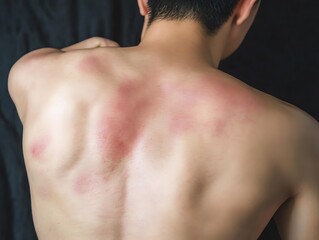 
Young asian man itching and scratching on his back from allergic itchy dry skin eczema dermatitis insect bites


