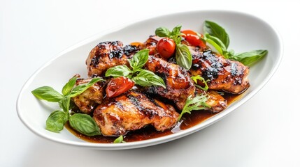Grilled chicken with glaze, cherry tomatoes and basil.
