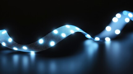 Glowing blue LED strip light curving on dark background.