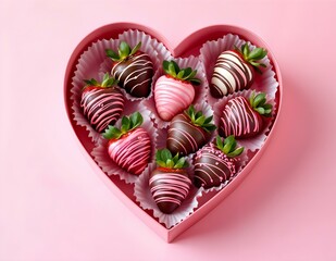 Heart-shaped box of chocolate-covered strawberries on pink background