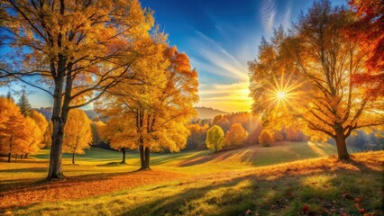 Fototapeta premium Golden light falls on a colorful autumn landscape with sunlit trees and foliage against a clear blue sky, tree silhouette, earth tones