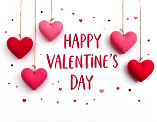 Happy valentine's day with hanging red and pink hearts on white background