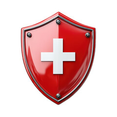 Shield design with red background and white cross symbol isolated on transparent background, PNG