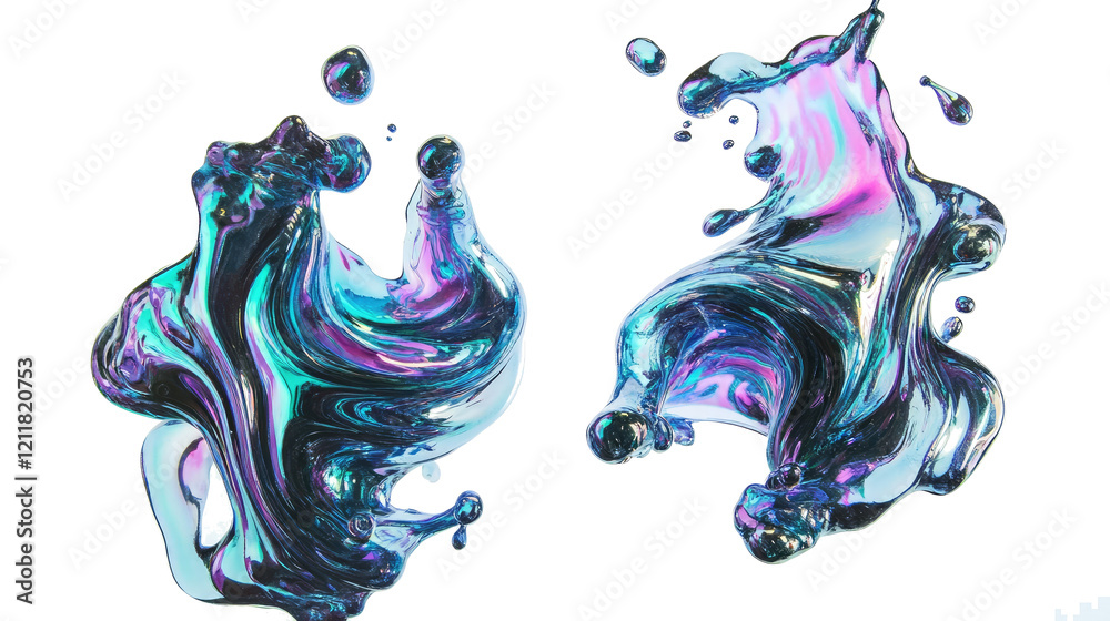 Poster holographic metal blobs on clear background generative ai