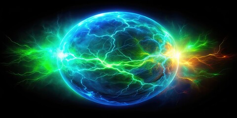 Naklejka premium Abstract aerial photo: a fiery blue-green plasma orb, glowing ball lightning, energy VFX.