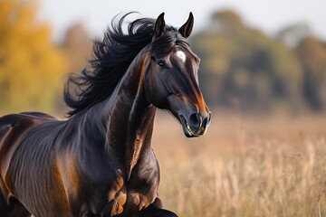Obraz premium Dark bay horse runs, mane flying, autumn field.