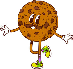 Funny chocolate cookie groovy hippie dessert, sweet or candy character with vintage mustaches, lively expression and retro sneakers. Cartoon vector round pastry with chocolate chips cheerfully dancing