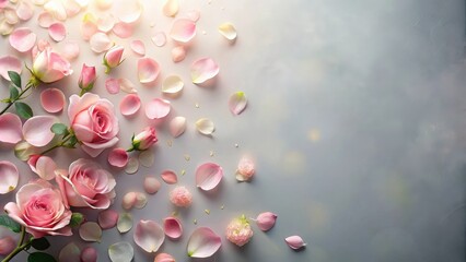 Obraz premium Softly glowing rose petals scattered on a minimalist floral wall background with a subtle gradient effect and delicate greenery , floral wall, flowers