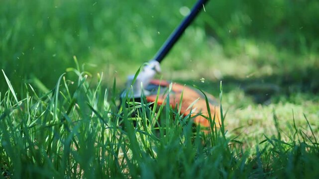 A closeup view of a string trimmer effectively cutting grass in a beautifully vibrant and lush green field