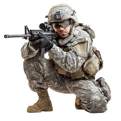 Fototapeta premium Soldier in tactical gear aiming rifle during training exercise isolated on transparent background, PNG