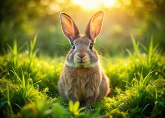 Fototapeta premium Aerial drone shot: A cheerful bunny smiles in a vibrant spring meadow.