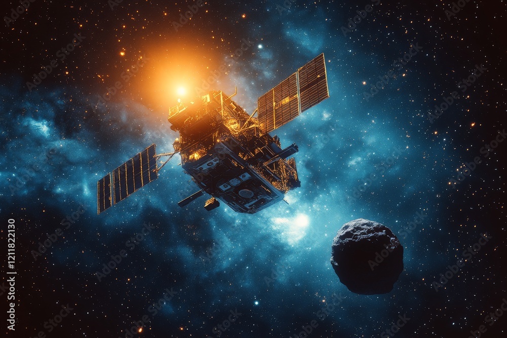 Aufkleber Satellite exploring asteroid in deep space with bright solar flare illuminating the cosmic background