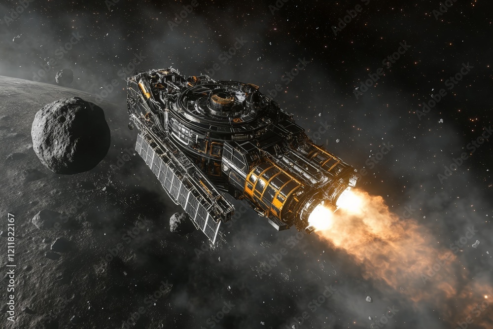 Poster Spacecraft navigating near a rocky asteroid in deep space with thrusters activated