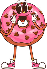 Retro groovy donut sweet character. Isolated cartoon vector cute doughnut pastry dessert, fast food personage with funky smile, vibrant pink glaze and chocolate heart sprinkles, embodies a 70s vibe