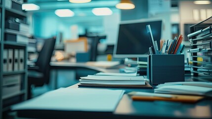 A close-up of organized office supplies on a desk, showcasing efficiency and productivity