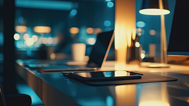 A close-up of modern office technology, including smart devices and ergonomic furniture, promoting efficiency