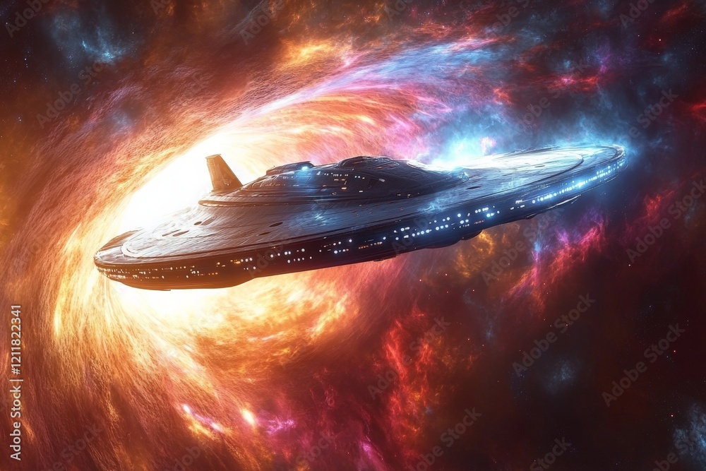 Poster spaceship travels through a colorful galaxy near a swirling black hole at the edge of the universe