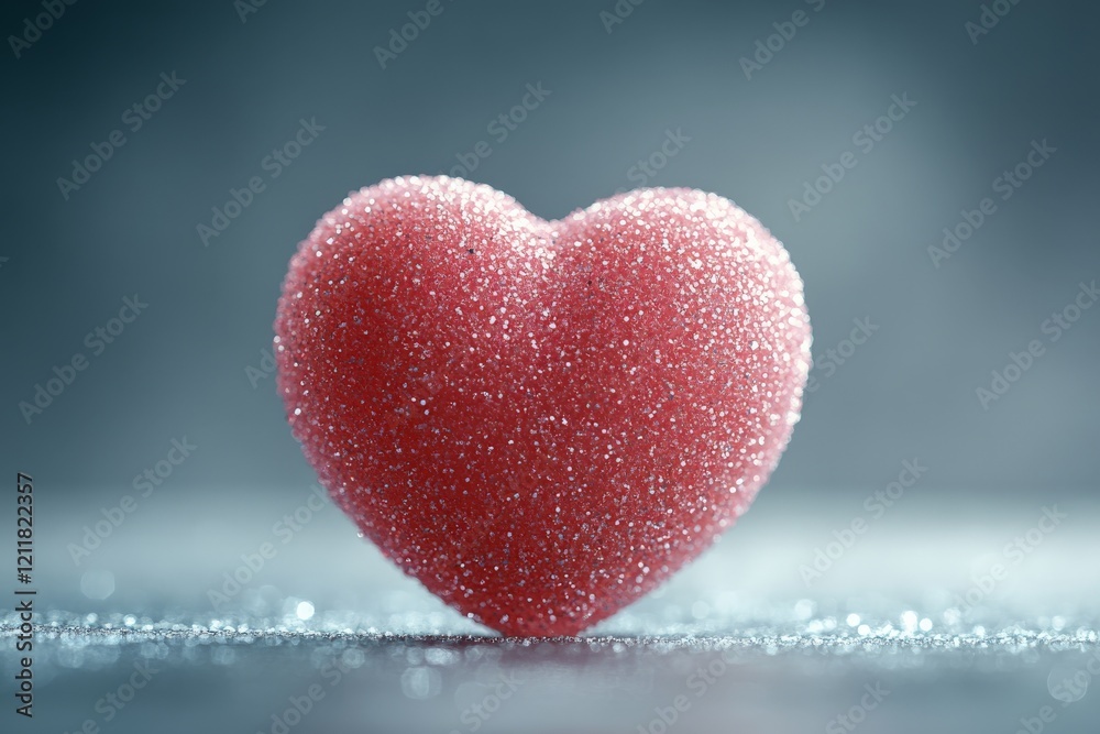 Poster Heart-shaped sugar confection with sparkling texture on a blurred background