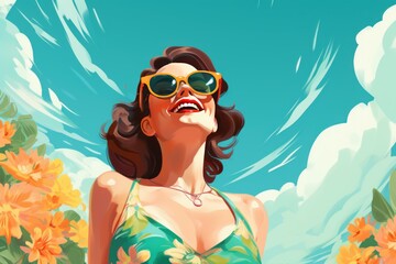 Carefree woman wearing sunglasses and smiling while enjoying summer vacation surrounded by flowers