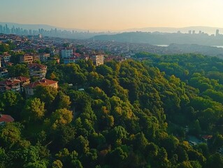 Obraz premium Hillside houses overlooking city skyline at sunrise; aerial view