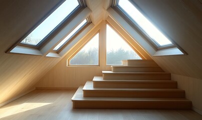 Sunlit attic room with wooden stairs and skylights.