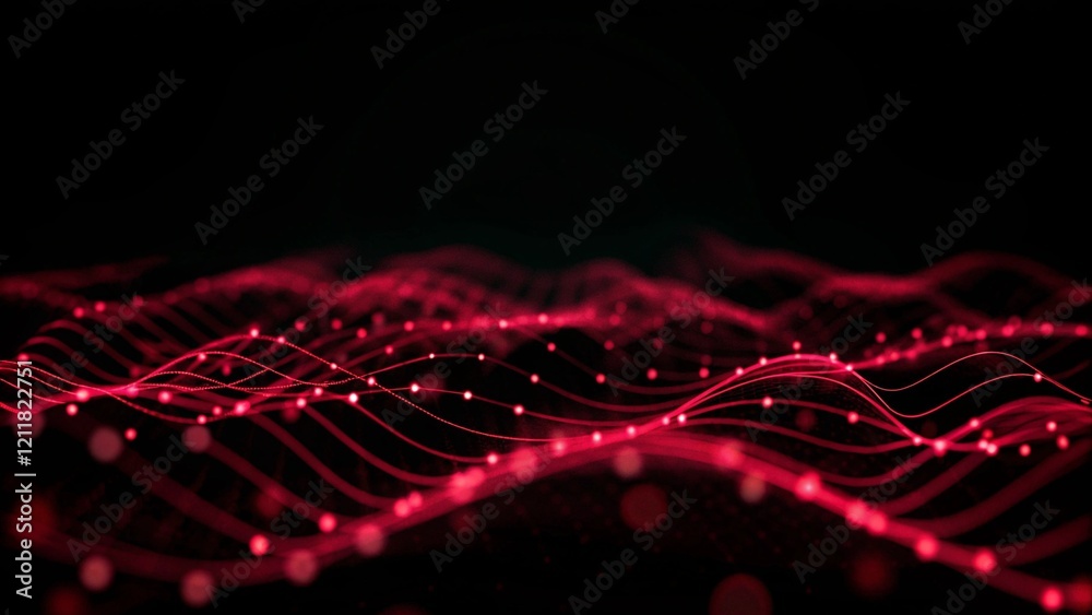Aufkleber abstract red wave lines forming a glowing neon pattern on a dark digital background, futuristic ener