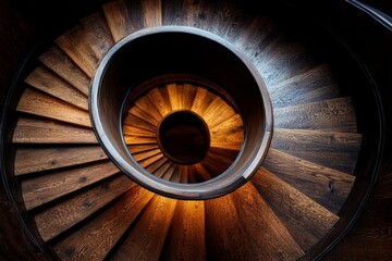 Fototapeta premium Spiral wooden staircase illuminated from below in a cozy architectural space